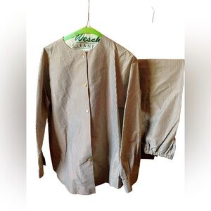 SHAMASK SEERSUCKER STRIPED COPPER COTTON BUTTON UP COLLARLESS TOP PANTS SET SZ 1